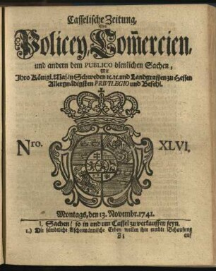 Nro. XLVI, Montags, den 13. Novembr. 1741