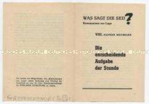 Propagandaschrift aus der Reihe "Was sagt die SED" gegen die Einbeziehung von Berlin (West) in den Generalvertrag
