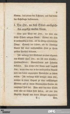 I. Der Ort, wo diese Schule am füglichsten angelegt werden könnte.