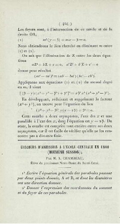 Concours d'admission a l'école centrale en 1880 (deuxième session).