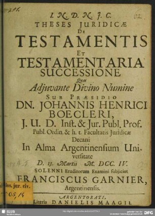 Theses Iuridicae De Testamentis Et Testamentaria Successione