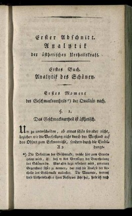 Erster Abschnitt. Analytik der ästhetischen Urtheilskraft.