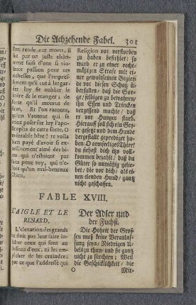Fable XVIII. L'aigle et le renard. Der Adler und der Fuchß.