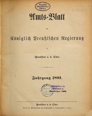 Amtsblatt der Regierung zu Frankfurt a.d. Oder. 1891