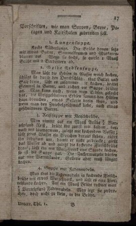 Vorschriften, wie man Suppen, Breye, Potagen und Kaltschalen zubereiten soll.