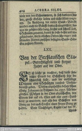 LXX. Von der Breßlauischen Stapel-Gerechtigkeit und freyer Fahrt auf der Oder