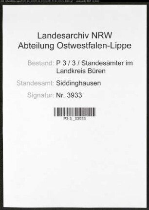 Sterberegister Standesamt Siddinghausen