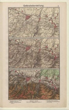 Farbige Höhenschichten mit Schraffen und Höhenlinien in senkrechten Abständen von 50 zu 50 m