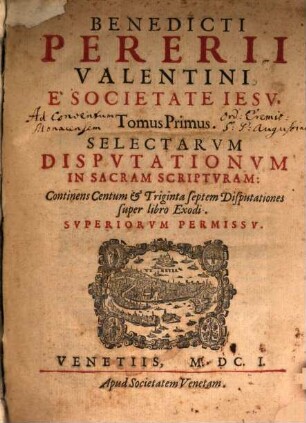 Selectae Disputationes in Sacram Scripturam, 1. Super Exodum