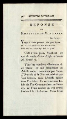 Réponse de Monsieur de Voltaire.