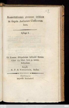 Sylloge 1: Ut Examen discipulorum indicaret suorum 1795. 23. Mart. hora 9. antem. habendum