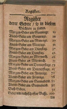 Register derer Gebete, so in diesem Büchlein zu finden.