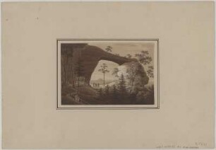 Ansicht vom Prebischtor, sepiagetönte Umrissradierung, um 1821 : Zingg, Adrian : Das Prebisch-Thor / [gefertigt von Adrian Zingg?]. - [S.l.] , [ca. 1821]. - 1 Kunstbl. : sepiagetönte Umrißradierung ; 15 x 10 cm