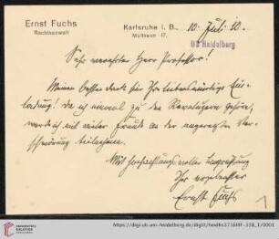 Nachlass Gustav Radbruch. Korrespondenz Ernst Fuchs/Gustav Radbruch: Brief von Ernst Fuchs an Gustav Radbruch