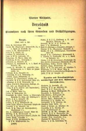 Vierter Abschnitt. Verzeichniß der Einwohner nach ihren Gewerben und Beschäftigungen.