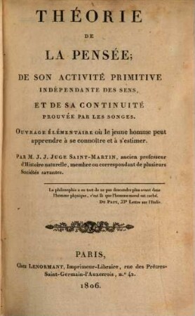 Théorie de la pensée, de son activité primitive