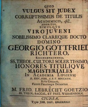 Qvod vulgus sit judex corruptissimus de titulis academicis