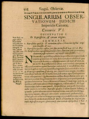 Singularium Observationum Iudicii Imperialis Camerae, Centuria VI. Observatio I. - C.