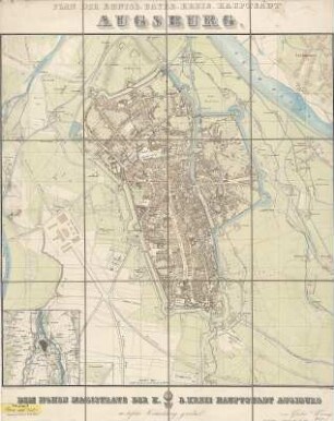 Stadtplan von Augsburg, ca. 1:5 000, Lithographie, 1865 : Plan der Koenigl. Bayer. Kreis-Haupts[t]adt Augsburg / bearbeitet v. Gust. Wenng. - Ca. 1:5 000. - Augsburg : Ebner , [um 1865?]. - 1 Kt. : mehrfarb. Lithogr. ; 58 x 62 cm
