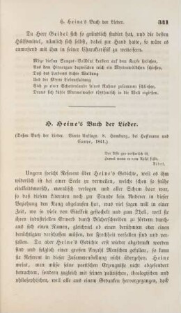 H. Heine's Buch der Lieder. (Deßen Buch der Lieder. Vierte Auflage. 8. Hamburg, bei Hoffmann und Campe, 1841)