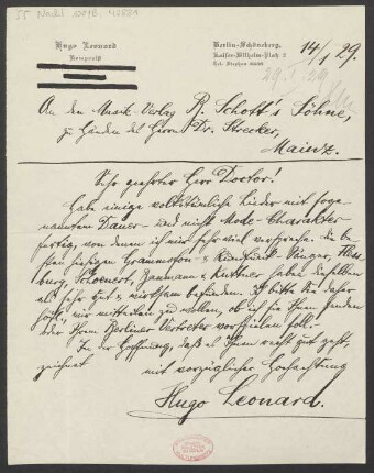 Brief an Ludwig Strecker an B. Schott's Söhne : 14.01.1929