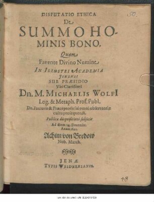 Disputatio Ethica De Summo Hominis Bono