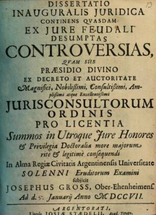 Diss. inaug. iur. continens quasdam ex iure feudali desumptas controversias