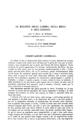 I. Le Malattie delle Labbra, della Bocca e dell´Esofago[...]