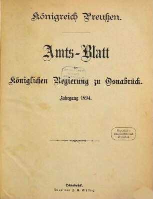 Amtsblatt für den Regierungsbezirk Osnabrück. 1894