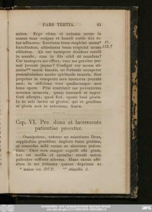 Cap. VI. Pro dono et incremento patientiae precatur.