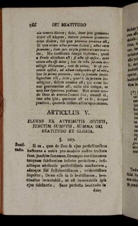 Articulus V. Fluens ex Attributis Divinis, Junctim Sumptis, Summa Dei Beatitudo et Gloria.