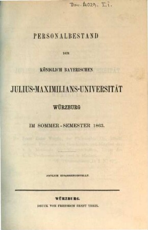 Personalbestand der Königlich-Bayerischen Julius-Maximilians-Universität Würzburg. 1863. SS.