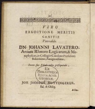 Viro ... Dn. Johanni Lavatero ...