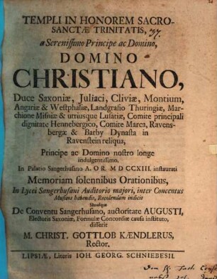 Templi in honorem sacrosanctae Trinitatis ... memoriam solennibus orationibus ... indicit, simulque de conventu Sangerhusano ... formulae concordiae causa instituto