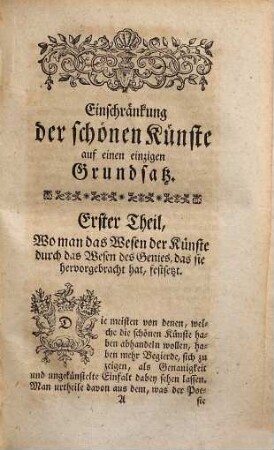 Batteux, Professors der Redekunst an dem königlichen Collegio von Navarra, Einschränkung der schönen Künste auf einen einzigen Grundsatz : Aus dem Französischen übersetzt, und mit einem Anhange einiger eignen Abhandlungen versehen