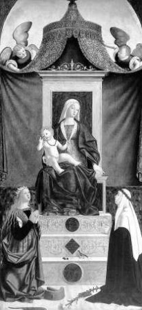 Thronende Maria mit dem segnenden Kind, von den Heiligen Katharina von Alexandrien und Katharina von Siena verehrt