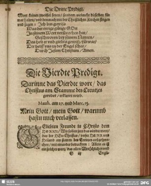 Die Vierdte Predigt. Darinne das Vierdte wort, das Chistus am Stamme des Creutzes geredet, erkleret wird