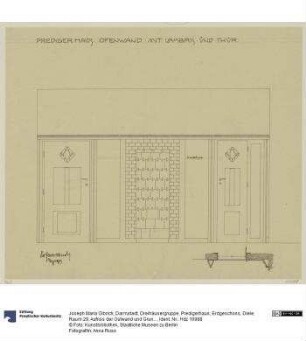 Darmstadt, Dreihäusergruppe, Predigerhaus, Erdgeschoss, Diele, Raum 29, Aufriss der Ostwand und Grundrissdetail