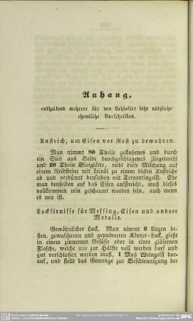 Anhang, enthaltend mehrere für den Schlosser sehr nützliche chemische Vorschriften