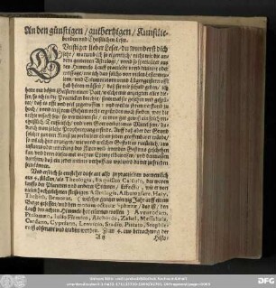 An den günstigen/ guthertzigen/ Kunstliebenden und Christlichen Leser.