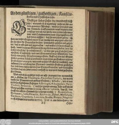 An den günstigen/ guthertzigen/ Kunstliebenden und Christlichen Leser.