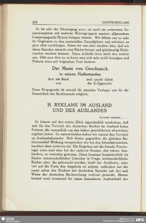 H. Reklame im Ausland und des Auslandes
