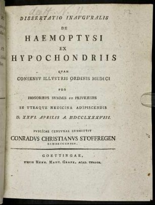 Dissertatio Inauguralis De Haemoptysi Ex Hypochondriis