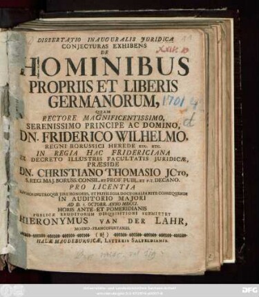 Dissertatio Inauguralis Juridica Conjecturas Exhibens De Hominibus Propriis Et Liberis Germanorum