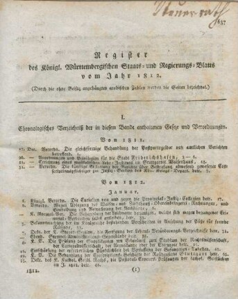 I. Chronologisches Verzeichniß der in diesem Bande enthaltenen Gesetze und Verordnungen