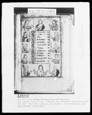 Psalter der Mechthild von Anhalt — Litaneiseite, umrahmt von Brustbildern der angerufenen Heiligen, Folio 191recto