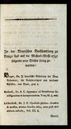 In der Meyerschen Buchhandlung zu Lemgo sind auf die Michael-Messe 1797 folgende neue Bücher fertig geworden: ...