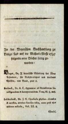 In der Meyerschen Buchhandlung zu Lemgo sind auf die Michael-Messe 1797 folgende neue Bücher fertig geworden: ...