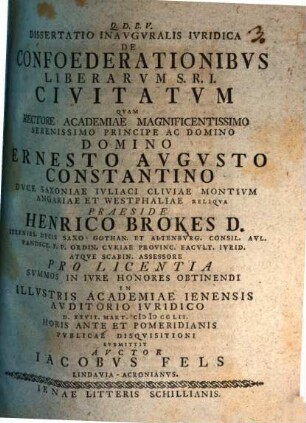 Dissertatio Inavgvralis Ivridica De Confoederationibvs Liberarvm S. R. I. Civitatvm
