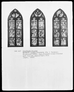 Drei Fensterentwürfe für die Kirche in Dierbach: Propheten, Leben Jesu, Evangelisten mit Petrus und Paulus, ausgeführt 1954